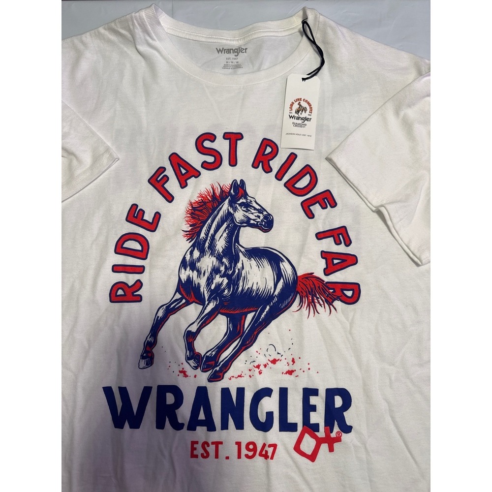 Wrangler Mens Graphic T Shirt White "Ride Fast Ride Far"  "Spurs Down Eyes Up"